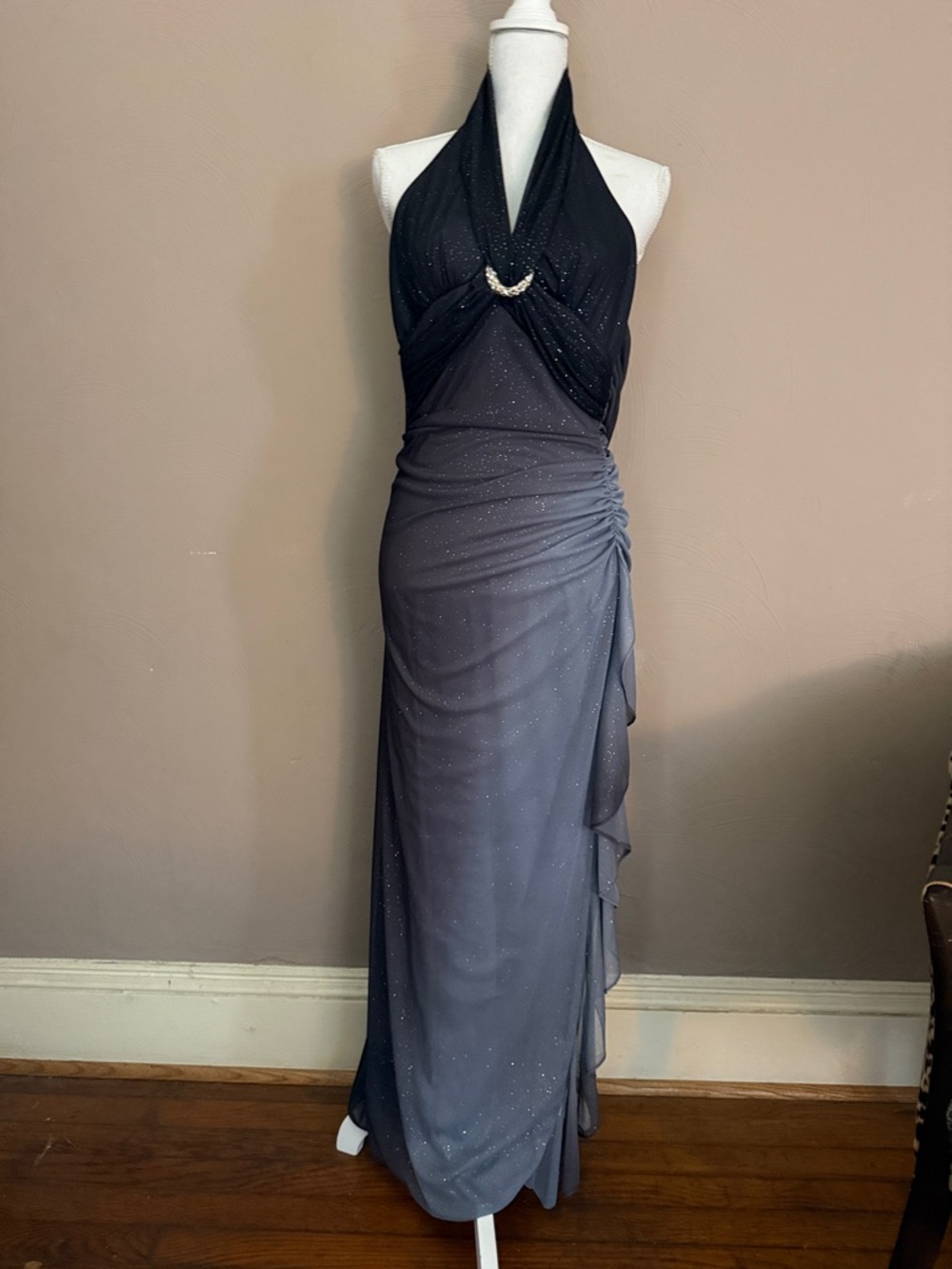 Elegant Black-to-Gray Ombre Halter Gown with Sparkle